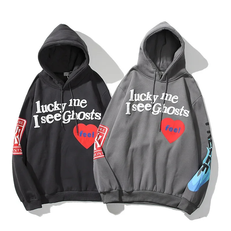 Harajuku Weirdo Graffiti Letter Printed Hoodies Men 2025 Lucky Me I See Ghosts Mens Hooded Sweatshirt Fleece Pullover Streetwear 250825