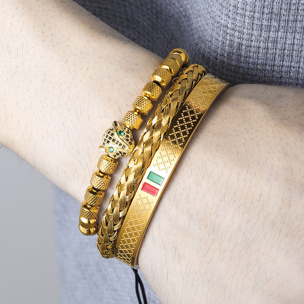 Hip-Hop Men's Copper Inlaid Zircon Leopard Head Stainless Steel Bracelet Bangle Set Non-Fading Internet Celebrity Style Jewelry 50b