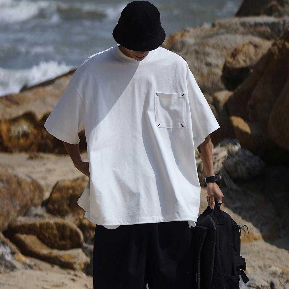 Pure cotton summer style retro pocket short-sleeved men's casual relaxed five-button loose T-shirt