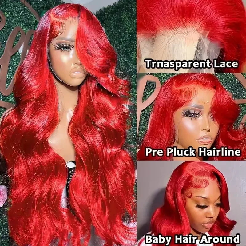 Hot Red Pre-Cut 13x6 Hd Lace Frontal Human Hair Wigs Gluelesss Brazilian Colored High Density Body Wave Lace Front Wig Hd Transparent Lace Closure Wig