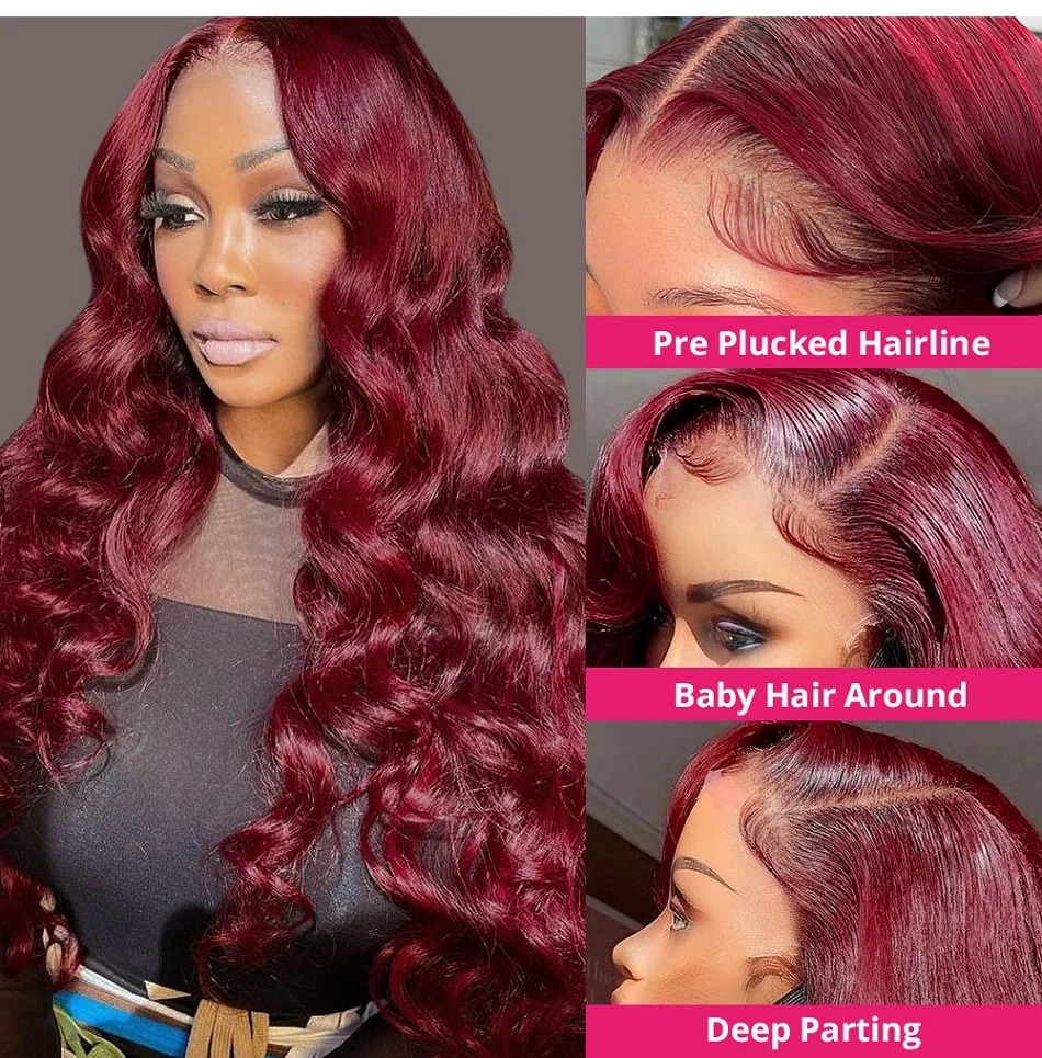 Burgundy Body Wave Transparent Gluelesss Pre-Cut 13x4 Lace Front Wigs Human Hair Hd Transparent Lace Dark Red Colored Human Hair Wigs Brazilian Remy W