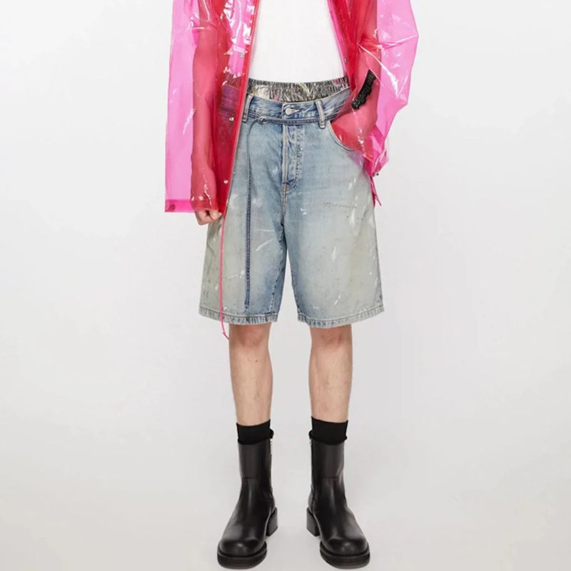 MIJKO Streetwear New Summer Ink Splashed Hand-painted Denim Shorts Mens Straight Blue Washed Baggy Knee Length Jeans Pants Oversized