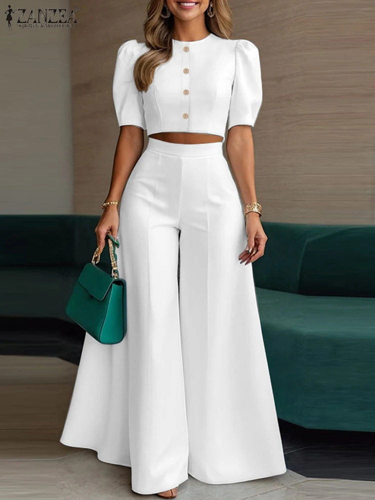 ZANZA Fashion Summer Trousers Suit 2PCS Women Matching Sets Elegant Short Sleeve Blouse Wide Leg Pant Sets OL Work Outfits 250825