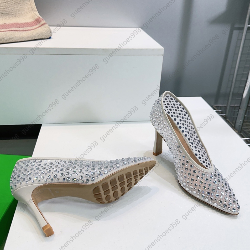 Fashion Mesh Luxury Designer Sandals Women Pumps Casual Breathable Crystal Decorated 9.5CM High Heels Classic White Party Wedding Shoes Size 35-42
