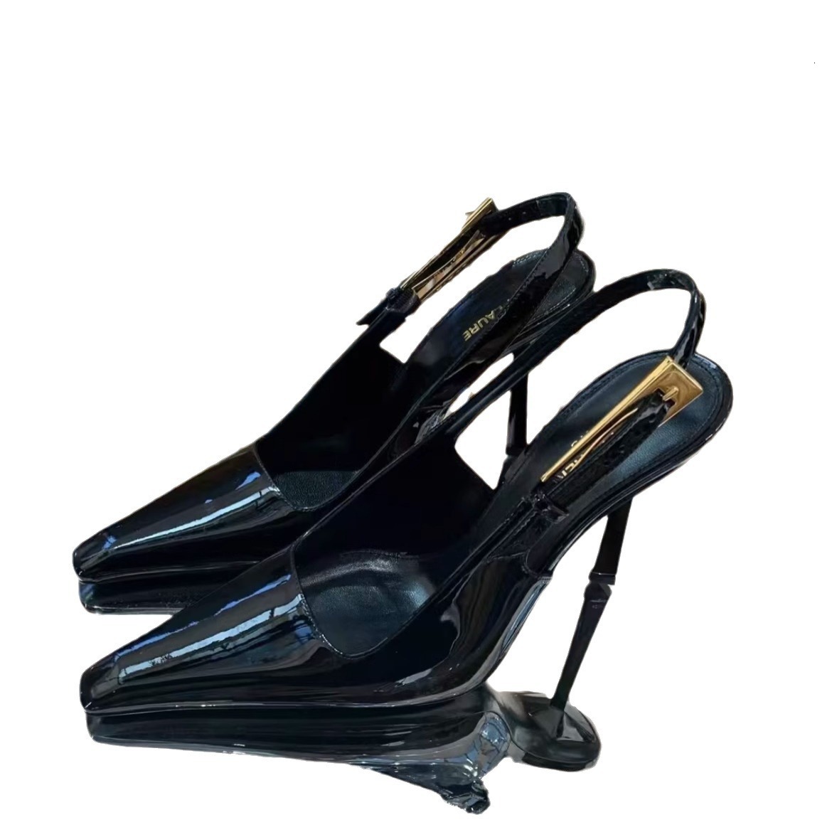 Designer High Heels for Women 2025 Summer New Hollow Black Pointed Toe Elegant Small Gold Heel Patent Leather Closed Toe Stiletto Sandals fd