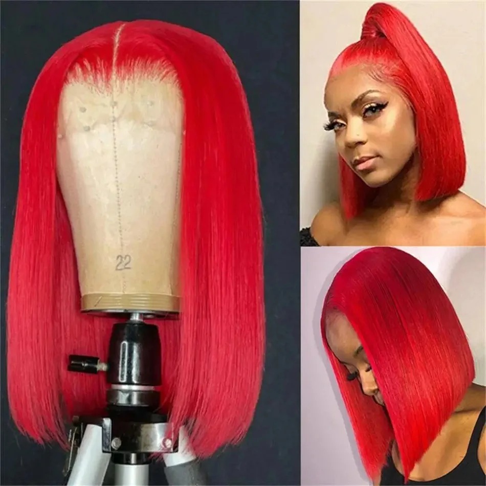 Hot Red Bob Wig High Density 13x4 Lace Front Human Hair Wigs For Women Brazilian Bone Gluelesss Straight Red Colored Lace Frontal Wigs 10 12 14 Inch R