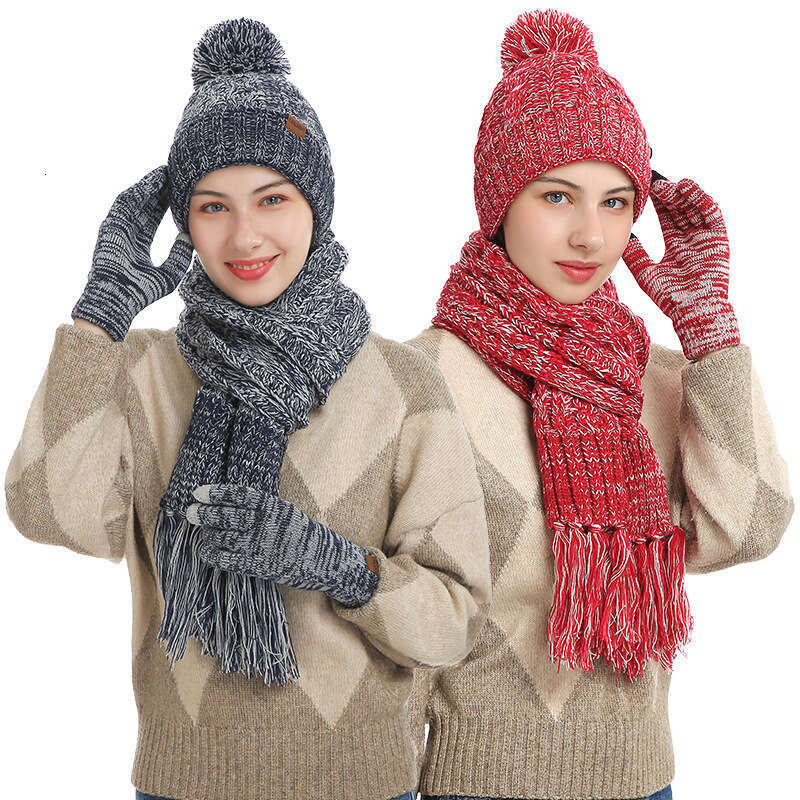 casquette beanie cap Winter New Knitted Wool Colorful Hat Thickened Scarf Touchscreen Gloves Three-Piece Set