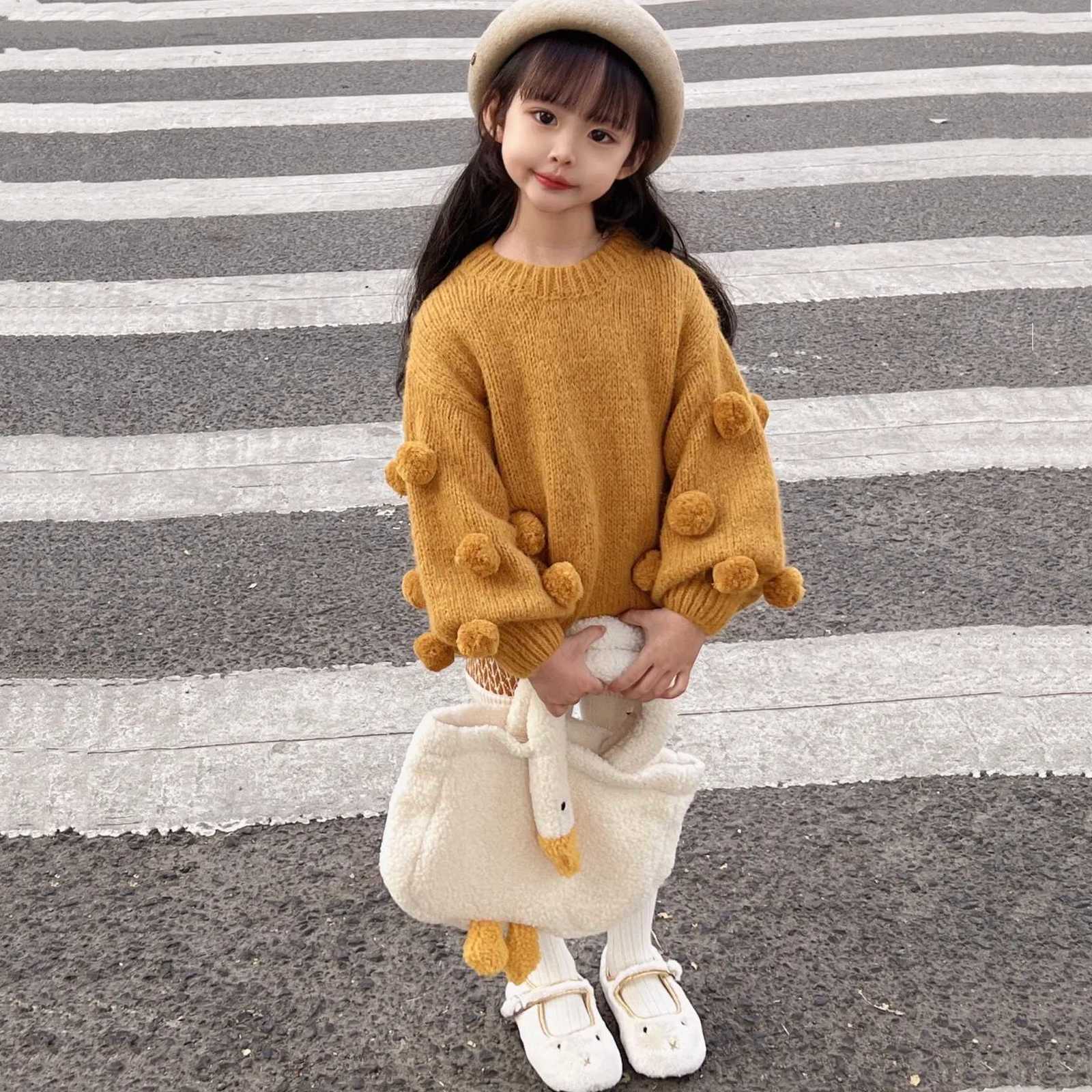 MILANCEL New Autumn Kids Sweater 27T Sweet Solid Color Hair Ball Decoration Girls Pullover Korean Loose Thin Children Tops M250825