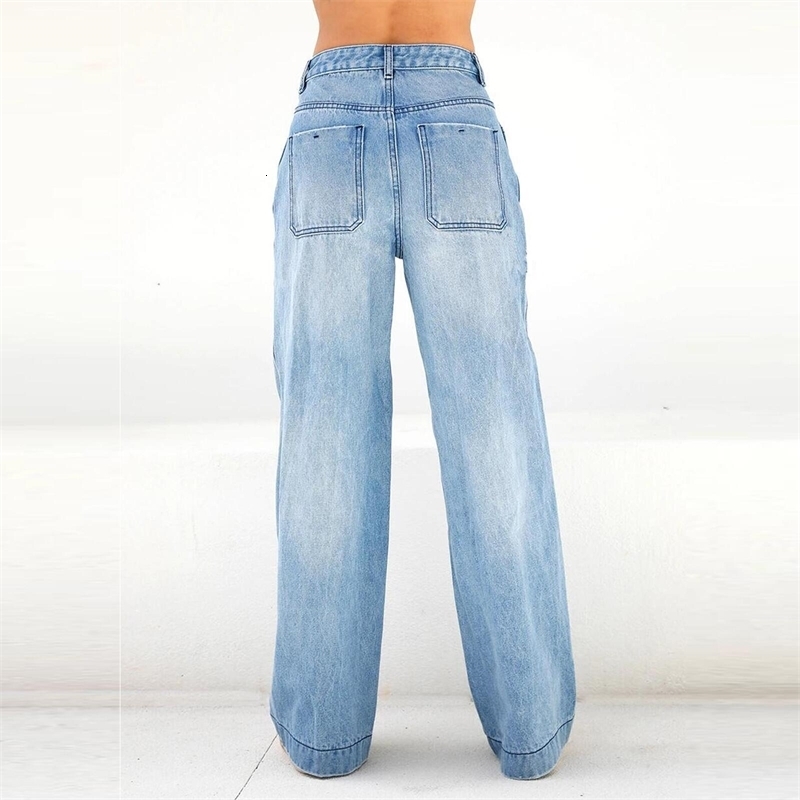 Women Jeans Loose Wide Leg Denim Pants Bleached Button Pockets Full Length Casual Z260313
