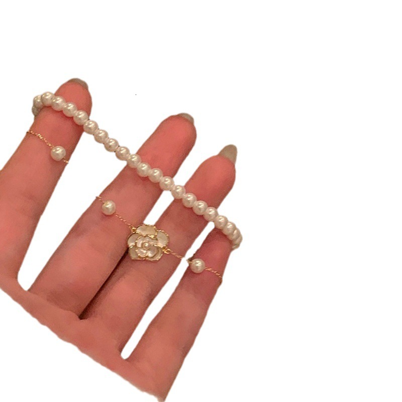 Summer Pearl Beaded Camellia Double Layer for Women, Light Exquisite French Style Bracelet with High-End Feel