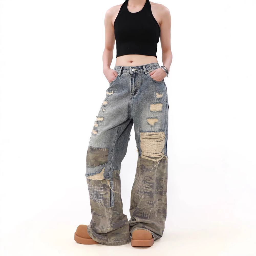 Streetwear Vintage Leopard Print Ripped Jeans Men Women Harajuku Distressed Denim Pants Y2K Punk Letter Graphic Patch Trousers 250612