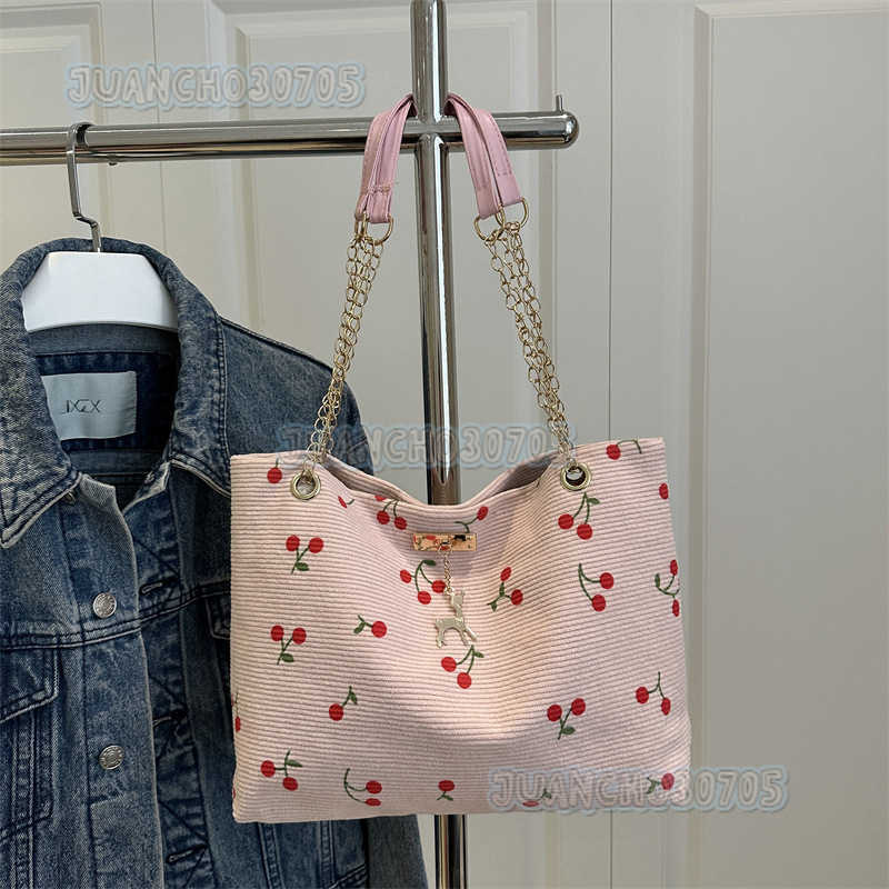 Trend Corduroy Underarm Bag for Women 2025 New Summer Cherry Print Artistic Tote Bag H250910