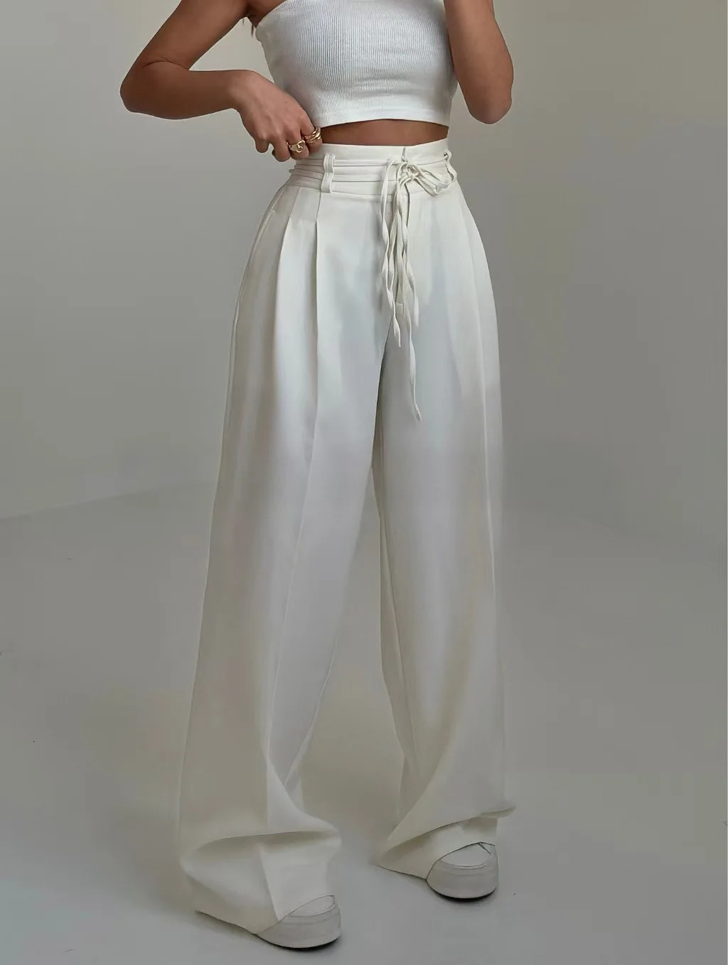 Womens Fashionable and Casual High Waisted Lace Up Slim Straight Leg Pants 2025 Style 250825