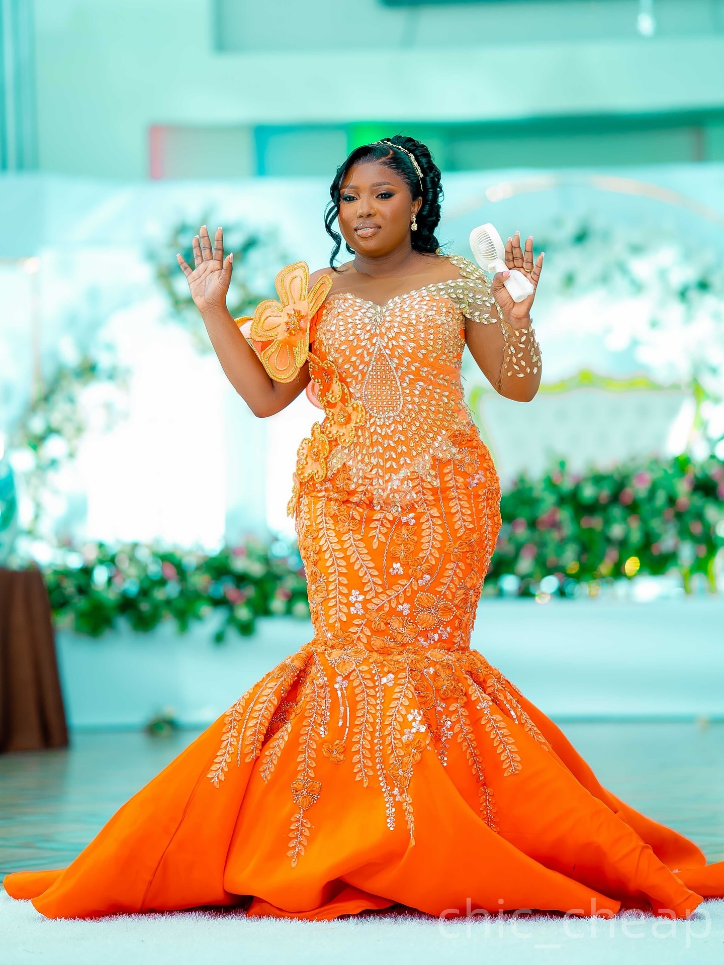 Mermaid Orange Plus Size Prom Dresses 2025 Floral Lace Crystals Flowers Satin Evening Formal Party Second Birthday Engagement Gowns Dress For Special 