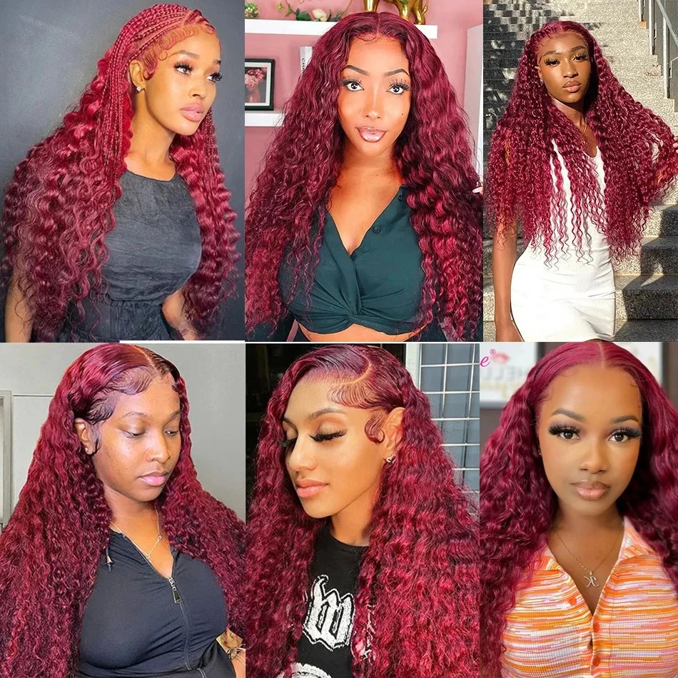 13x6 High Density 200 Density Curly Human Hair Wig Wear and Go Burgundy Deep Wave Preplucked Hairline Hd Lace Wig Human Hair Gluelesss HD Transparent 