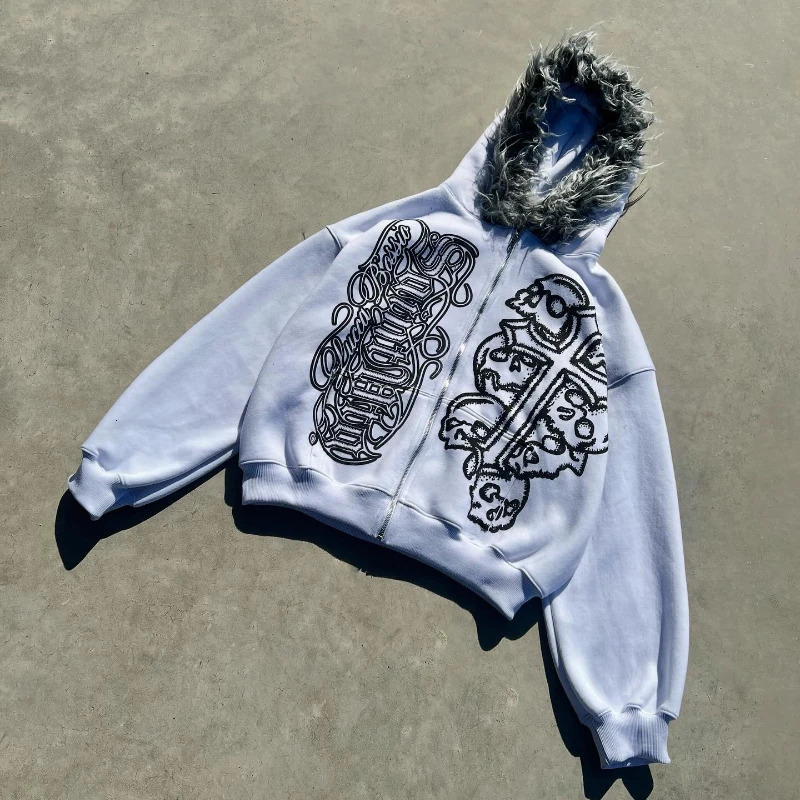 Y2K Zip Up Hoodie Print Letter Skull Fur Collar Zipper Sweatshirt Retro Trendy Personality Coat Unisex Oversized Streetwear 250825