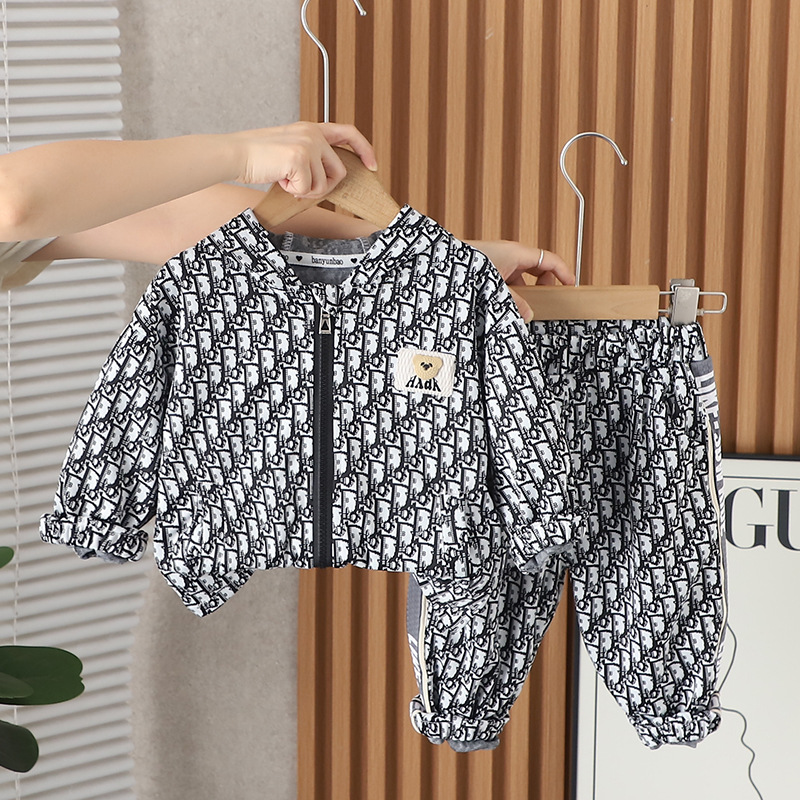 2025s New Kids' Autumn Outfit Korean Style Boys Girls Hooded All-over Print Bear Jacquard Cardigan Jacket Casual Two Piece Set