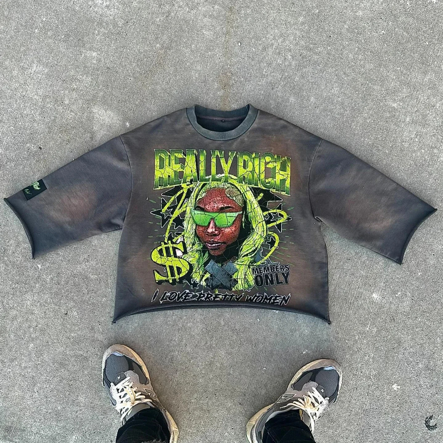 Y2K Harajuku Hip Hop Character Graphic Printed Seven Quarter Sleeves Tops Gothic Retro Dark Green T Shirt Mens Womens Clothing 250825