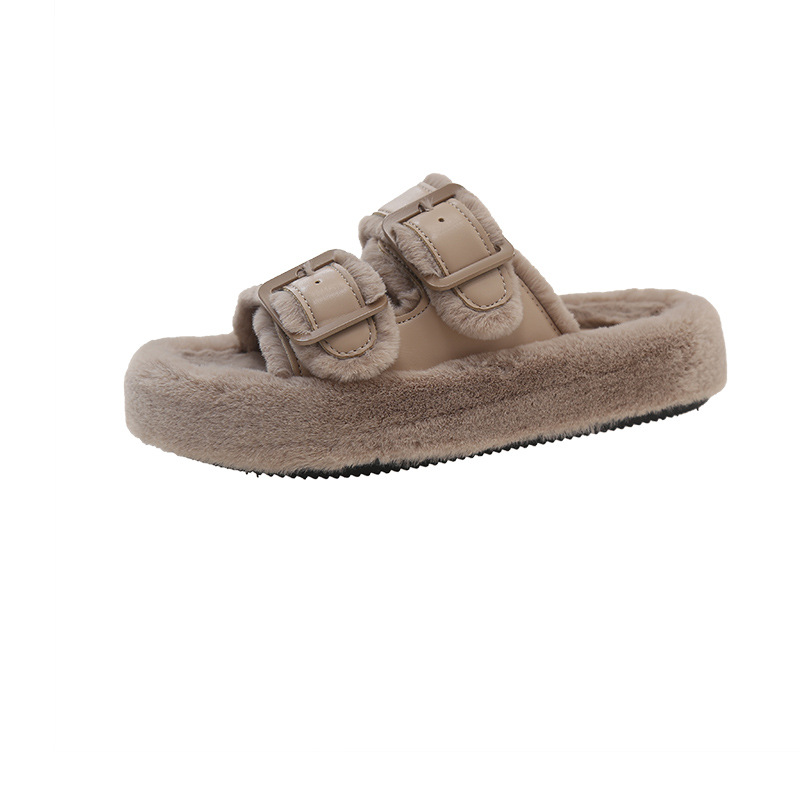 Hot free shipping dsigner slippers for womens flat slippers brown black beige khaki New autumn and winter fashion leather buckle plush cotton mop