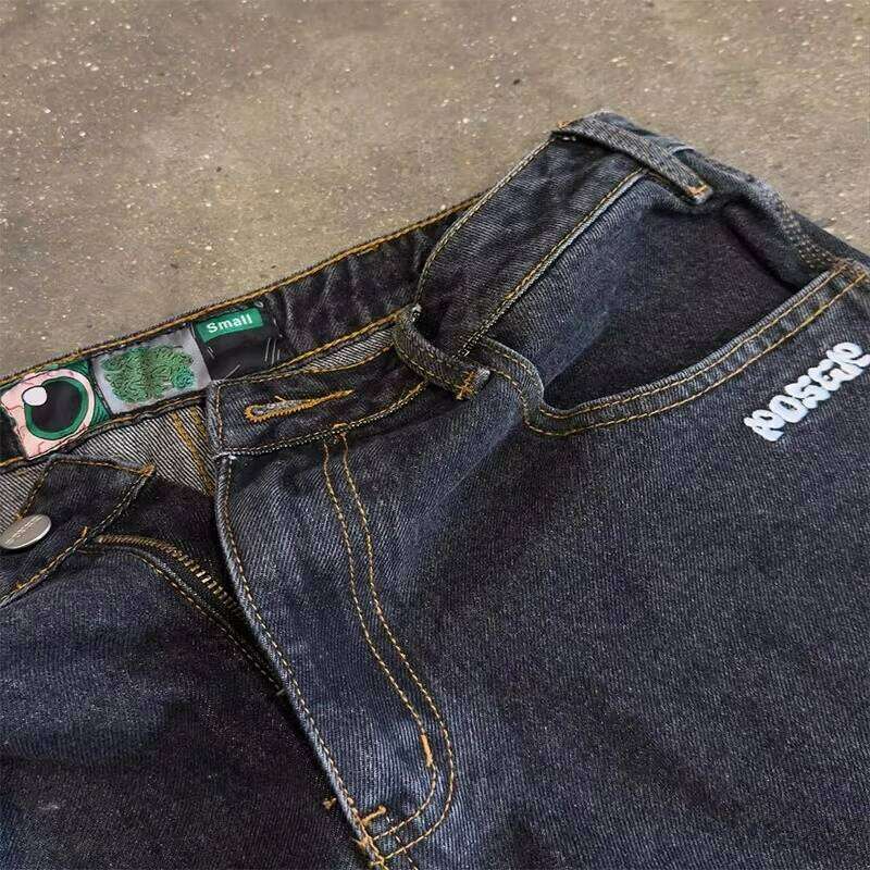 Skunked Pattern Pocket Embroidery High Quality Baggy Wide Leg Jeans Y2K Vintage Gothic Men Women Hip Hop Casual Streetwear New