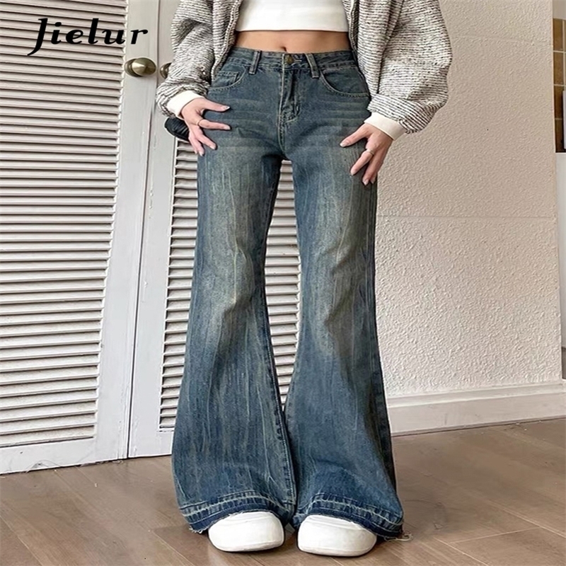 Jielur Fashion Slim Casual Vintage Blue Womens Jeans Winter American Style Chic Office Ladies Pockets Basic Female Flare Pants Z260313