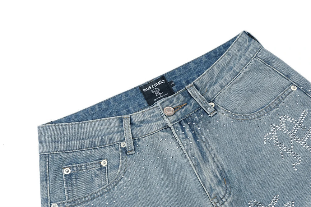 Flash Diamond Bing MIXED EMOTION Vintage Washed Denim Shorts Men Women Rhinestone Jean Breeches 250825