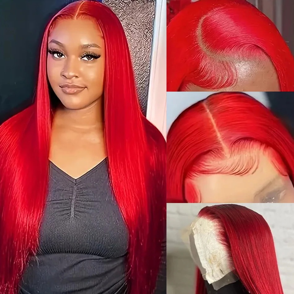 13x4 Bone Straight Red Colored Preplucked Hairline HD Transparent Lace Pre-Cut Bdoy Wave Lace Front Wig High Density Gluelesss 100% Human Hair Wigs Br