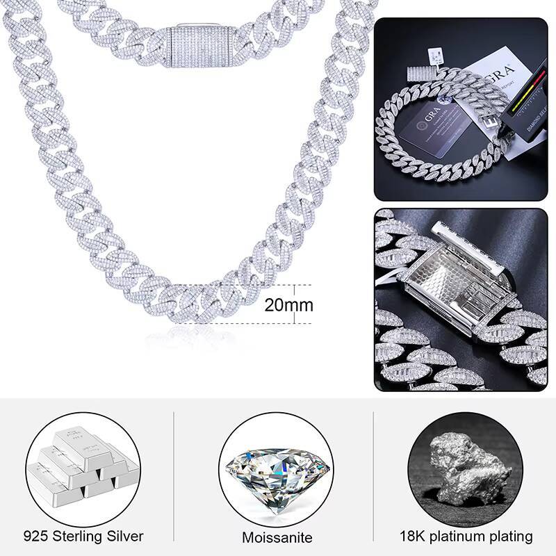 Cadena Cubana Pass Diamond Tester 20mm VVS Baguette Moissanite 925 Sterling Silver Iced Out Miami Cuban Link Chain Necklace