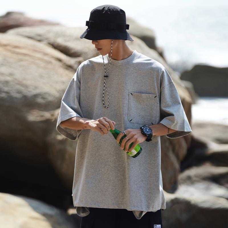 Pure cotton summer style retro pocket short-sleeved men's casual relaxed five-button loose T-shirt