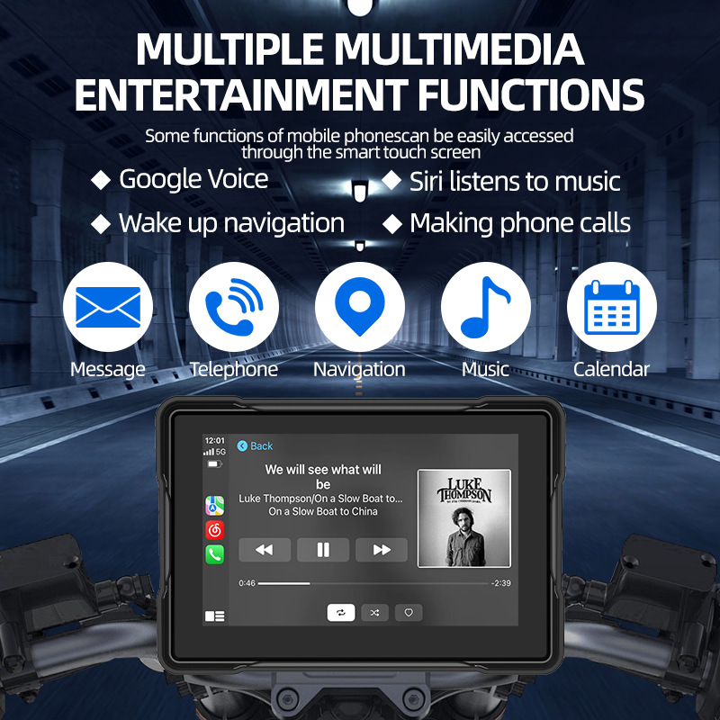 5 Inch Portable CarPlay for Motorcycle, Waterproof Touchscreen Wireless Carplay Android Auto Screen GPS Navigation for Motorbike
