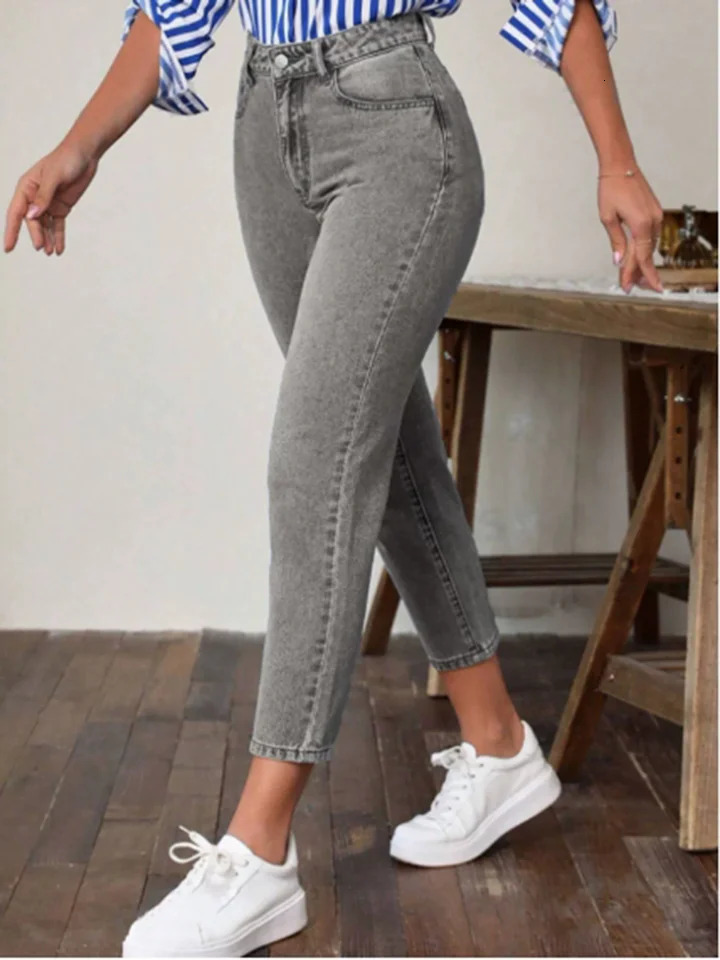 Pocket Micro Elastic Waist Solid Color Womens Straight Leg Pants Fashion High Street Daily Versatile Spring Jeans Z260313