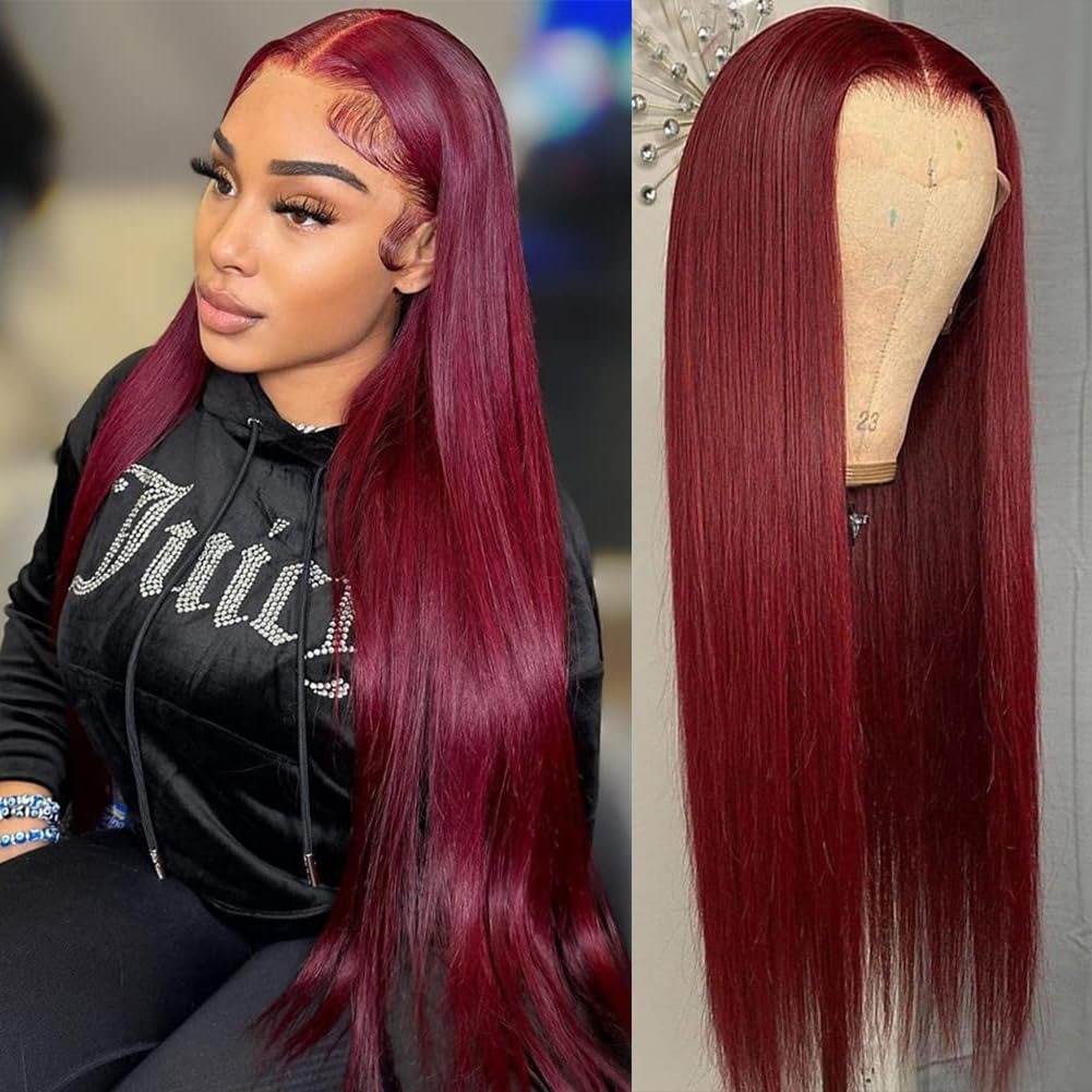 13x4 Preplucked Hairlin Burgundy Lace Front Wigs Pre-Cut Hd Transparent Lace 13x6 Straight Lace Frontal Wigs Human Hair Pre Plucked with Baby Hair Win