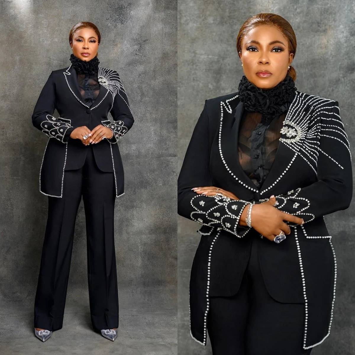 Crystals Black Women Suit Set Custom Made Ladies Prom Dress 2 Pieces Beads Wedding Tuxedos Customized Formal Jacket