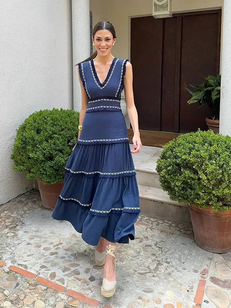 Women Vintage Chic Fringes Spliced Midi Ruffles Dress Fashion V Neck Sleeveless High Waist Robes Summer Lady Party Vestidos 250825