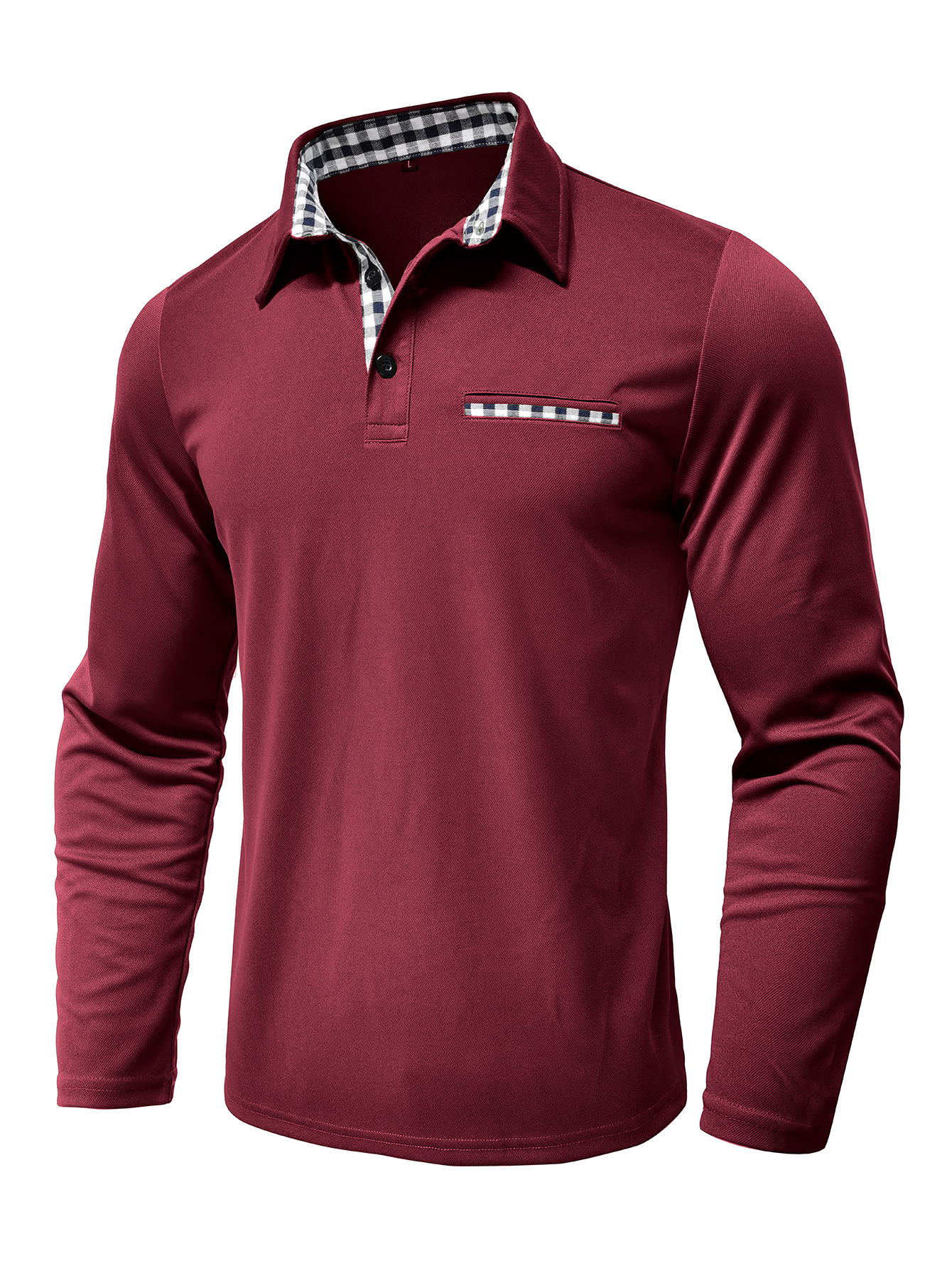Men's Long - Sleeve Burgundy Polo Shirt with Checkered Inner Collar and Chest Pocket