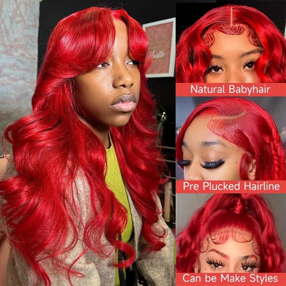 Hot Red Pre-Cut 13x6 Hd Lace Frontal Human Hair Wigs Gluelesss Brazilian Colored High Density Body Wave Lace Front Wig Hd Transparent Lace Closure Wig