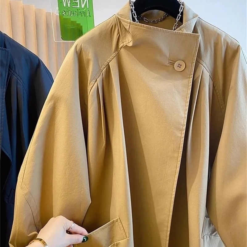 High End Stand Up Collar Outwear 2025 Spring Plus Size Womens Casual Loose Mid Long Windbreaker Lining Jacket Khaki Black Top 250823