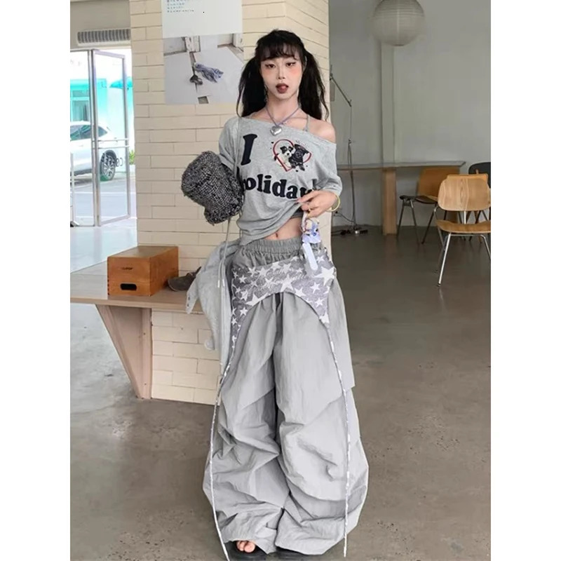 Autumn American Vintage 2000s Gray Cargo Women Y2k Baggy High Waist Straight Wide Leg Loose Lazy Casual Pants Z260314