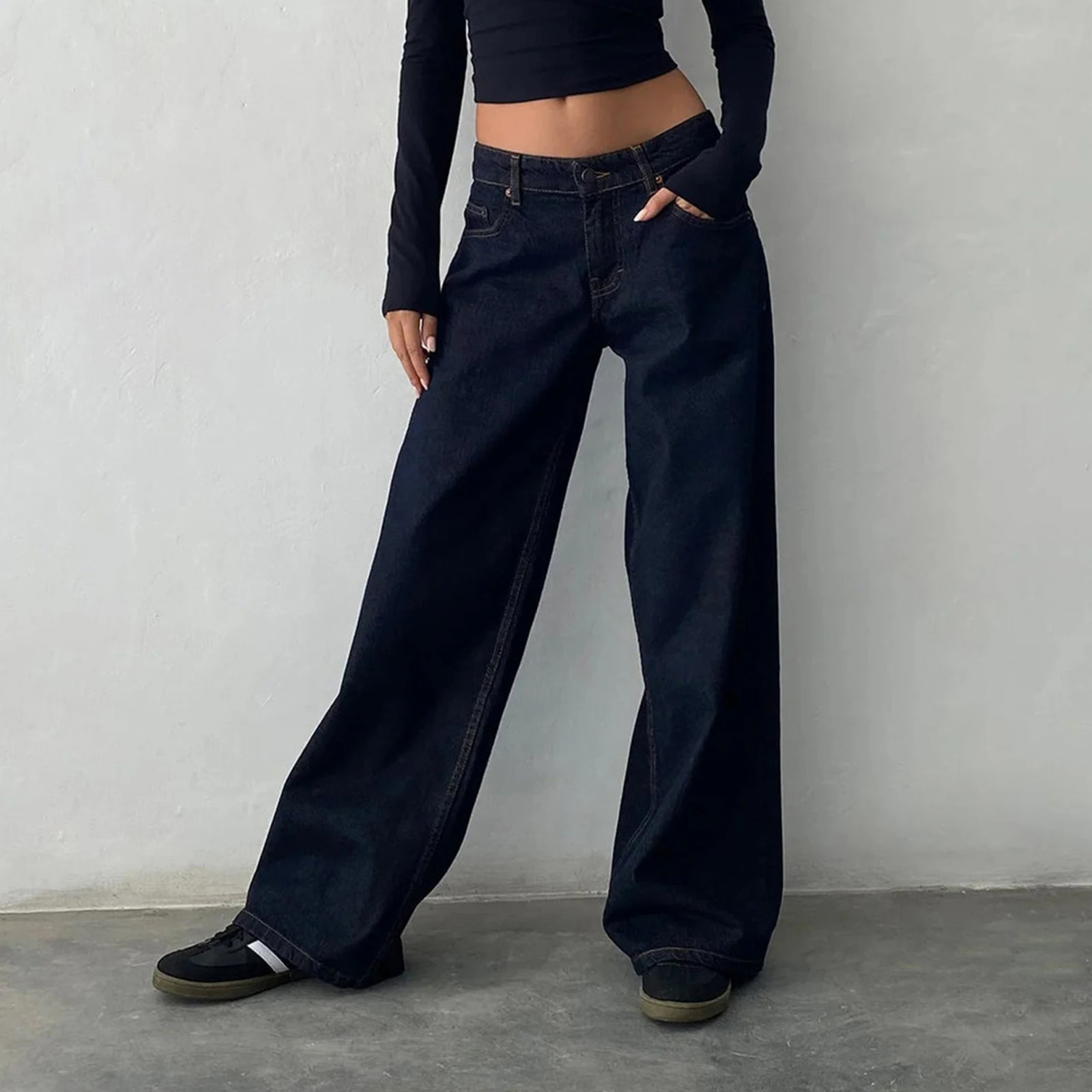 Women Y2k Low Rise Baggy Jeans Loose Fit Boyfriend Straight Wide Leg Jeans Trendy Stretch Long Denim Pants for Daily Streetwear 250825