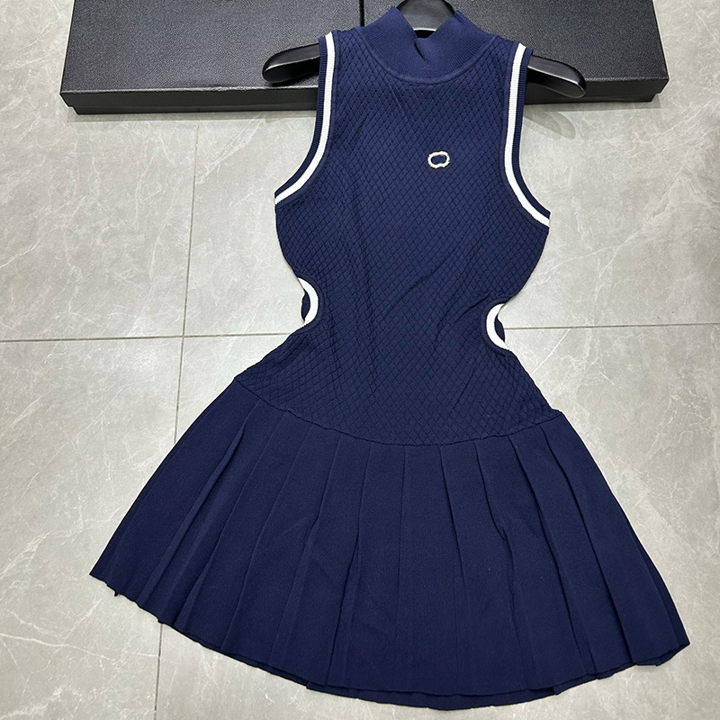 Sexy Mini Dress Designer Turtle Neck Backless Dress Stylish Deep Blue Pleated Dress