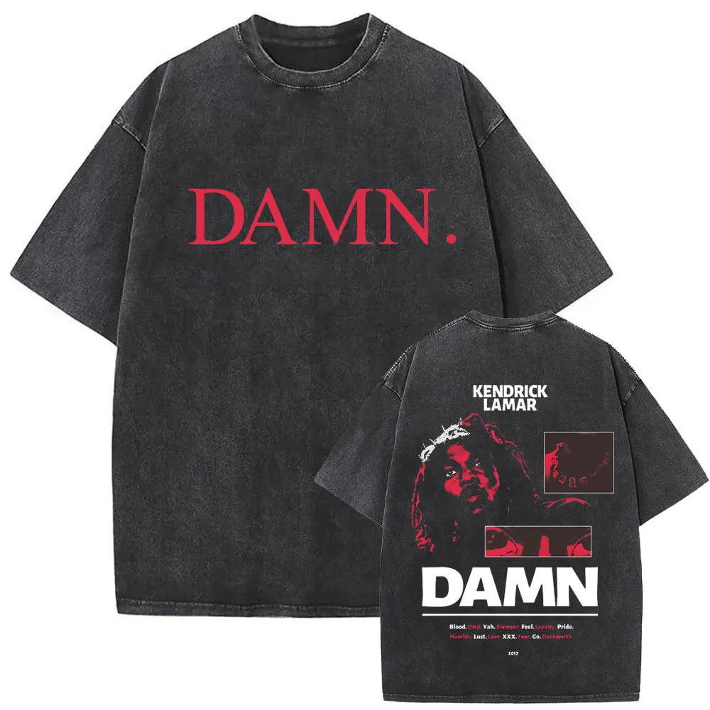 Retro washed T-shirt for men by rapper Kendrick Lamar DAMN 100% cotton double-sided printed T-shirt urban hip-hop style T-shirt 250825