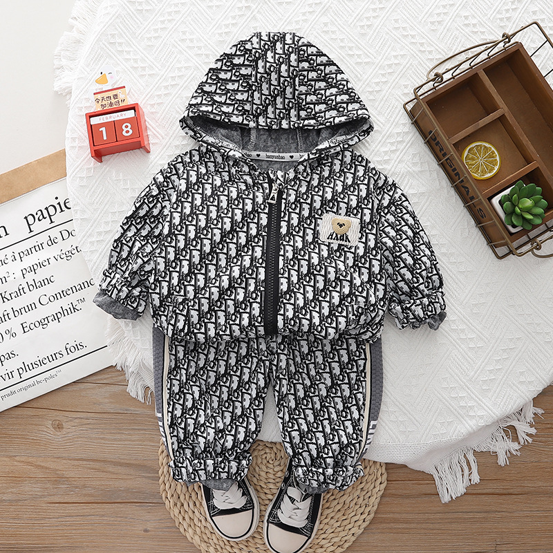 2025s New Kids' Autumn Outfit Korean Style Boys Girls Hooded All-over Print Bear Jacquard Cardigan Jacket Casual Two Piece Set