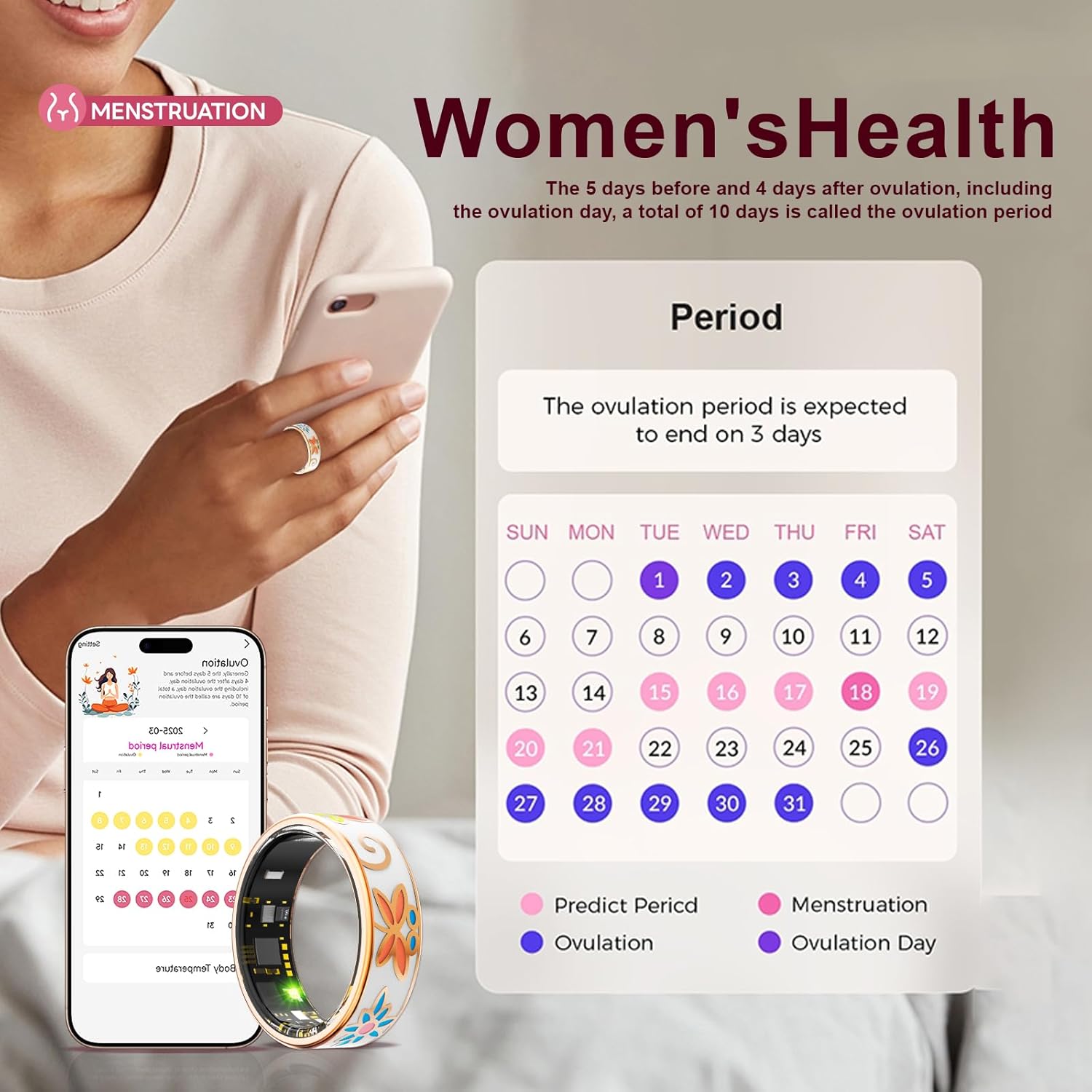 R18 Smart Ring for Women and Men, Fitness Tracker with Heart Rate Monitor, Sleep Tracker, 8 Sport Modes, Step Counter, IP68 Waterproof, Crystal Magnet