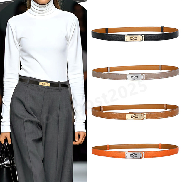 Designer Belt Women's Skinny Belt with Gold Silver Turn-Lock Buckle, Black Brown Belts for Women Adjustable Women Leather Belt for Dresses, Jeans, Coats