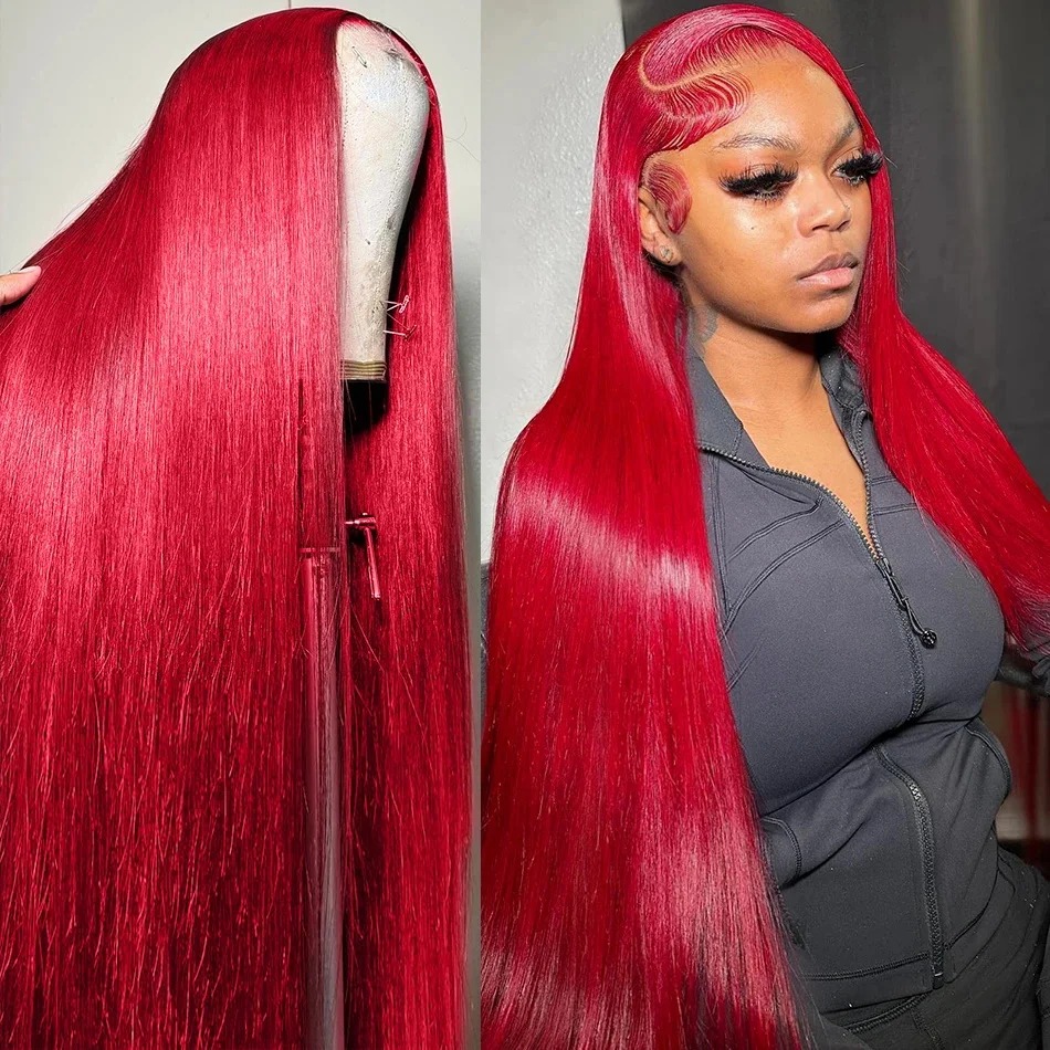 30 40 Inch Brazilian Burgundy High Density Pre-Cut 13x6 HD Lace Front Wigs Human Hair Wear And Go Preplucked Hairline 200% Red Color Straight Glueless