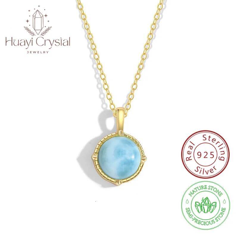 Simple Fashion Disc S Sterling Sier Natural Larimar Pendant Necklace 14K Gold Plated fine jewelry for women