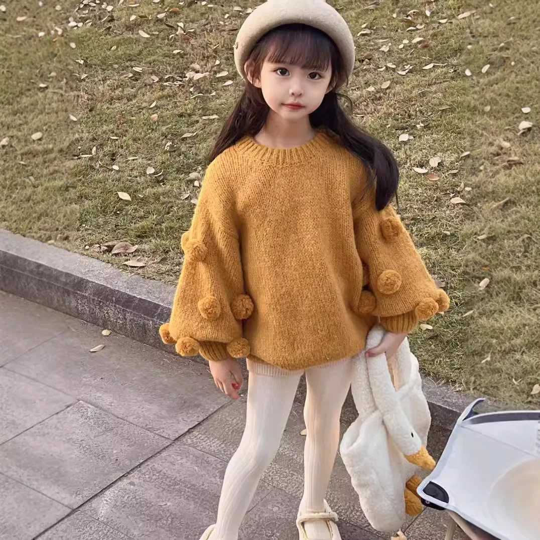 MILANCEL New Autumn Kids Sweater 27T Sweet Solid Color Hair Ball Decoration Girls Pullover Korean Loose Thin Children Tops M250825
