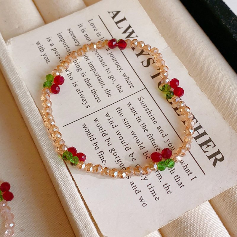 Pink Crystal Beaded Bracelet With Cherry - Shaped Red & Green Bead Charms Sweet Fresh Style Daily Wear Gift
