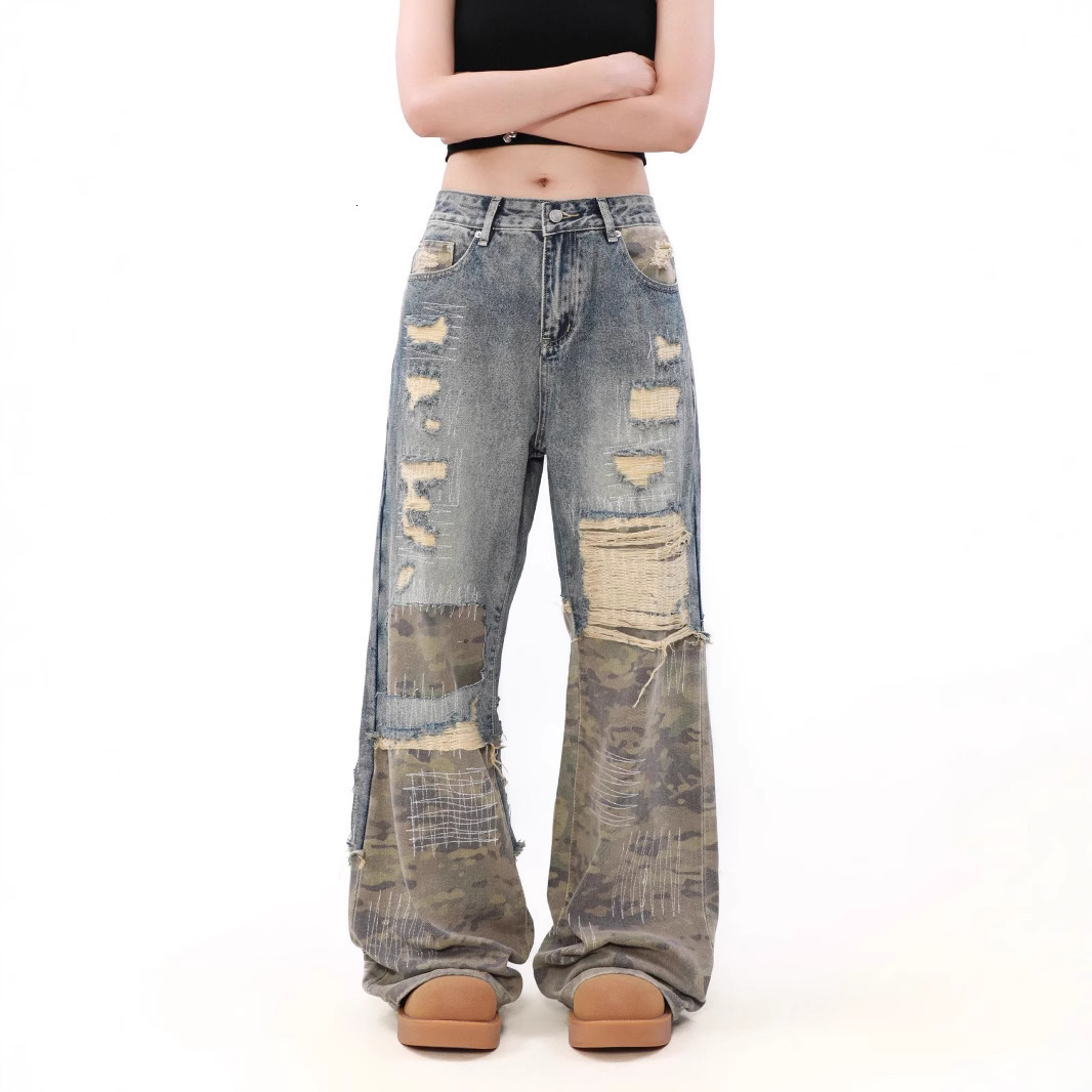 Streetwear Vintage Leopard Print Ripped Jeans Men Women Harajuku Distressed Denim Pants Y2K Punk Letter Graphic Patch Trousers 250612