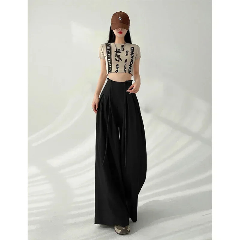 Streetwear Wide Leg Women Korean Black High Waist Suit Pants Summer Fashion Elegant Lace Up Straight Trousers Z260314